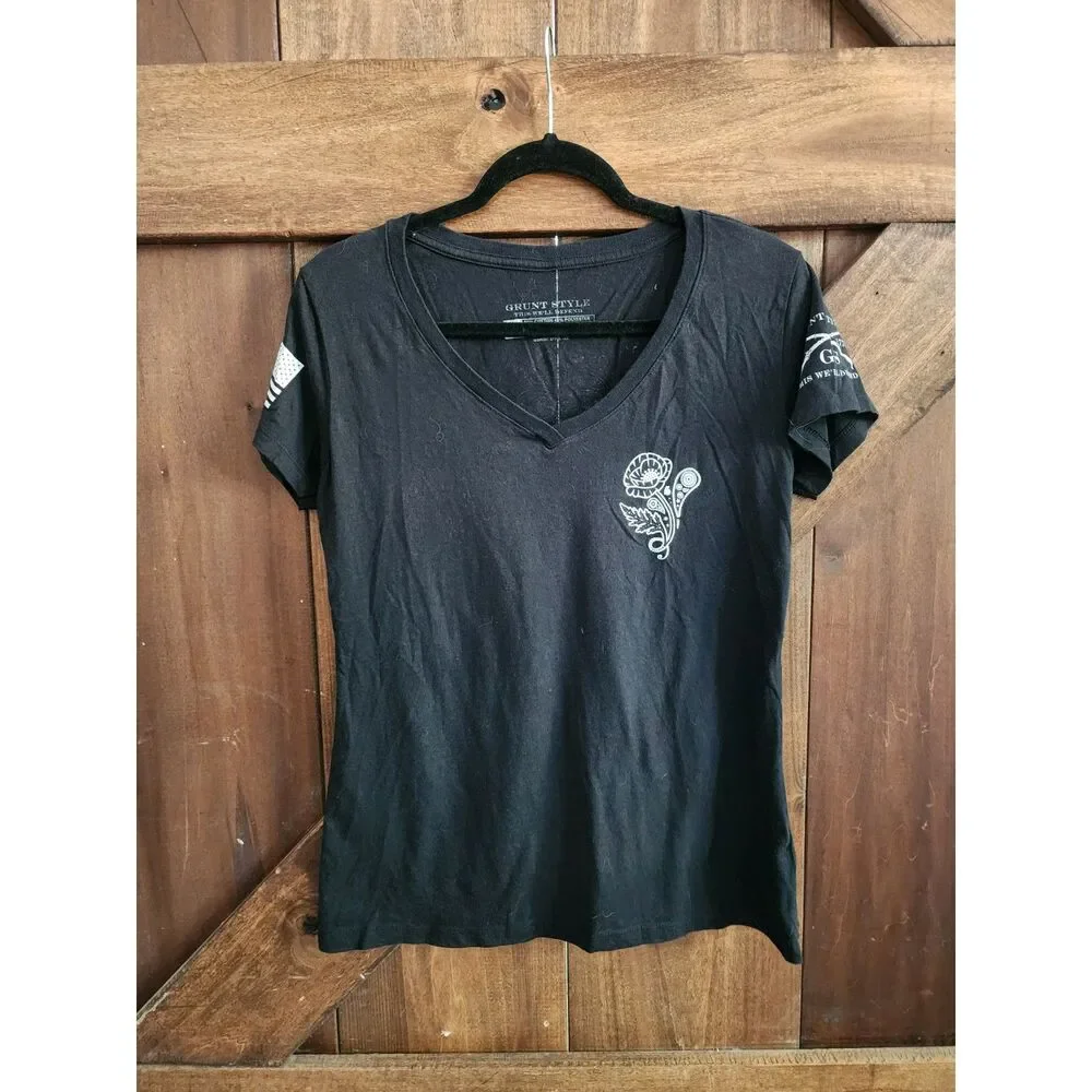 Grunt-Style V-Neck Girls Youth Skull Black T-shirt - XL